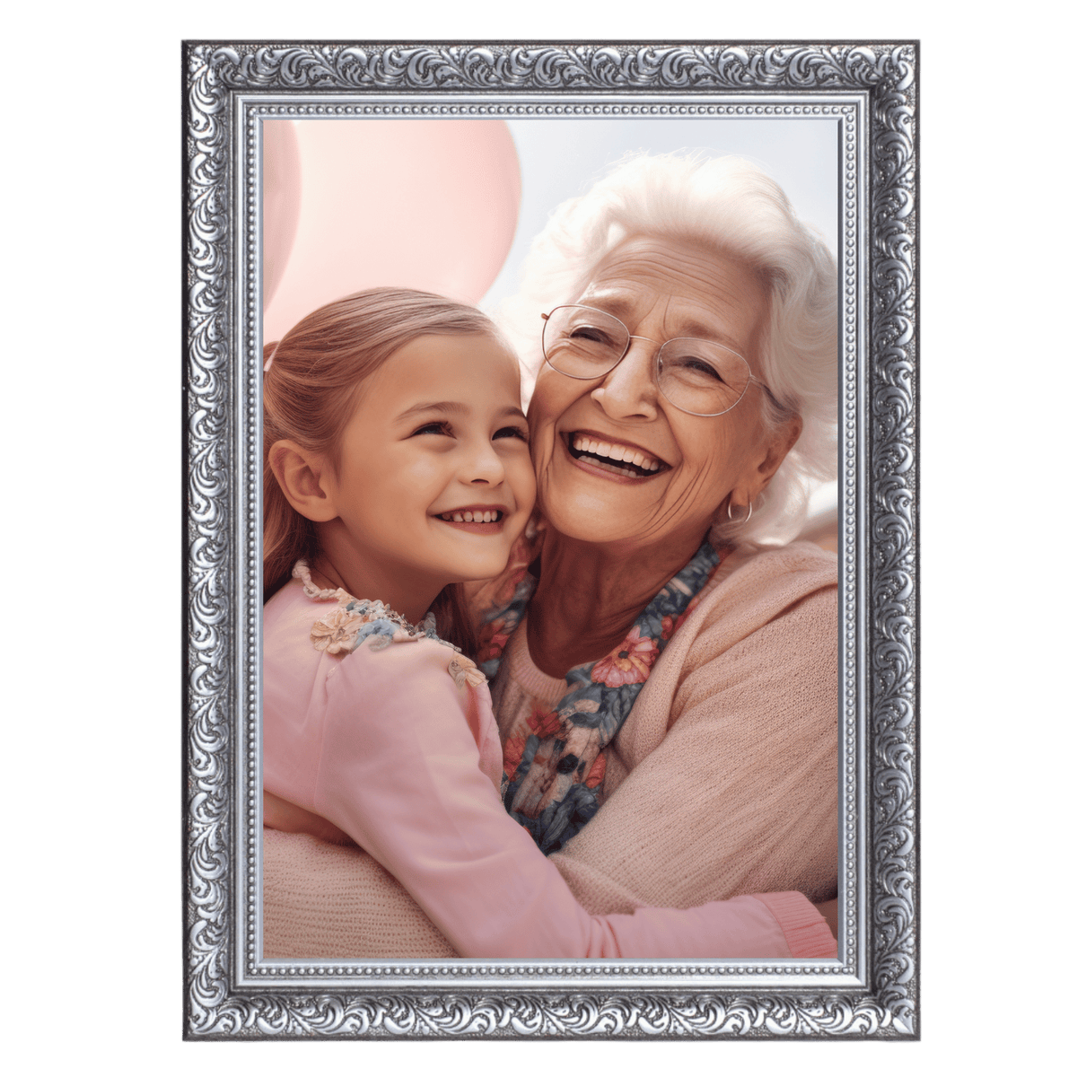 A joyful elderly woman embracing a young girl, both smiling happily.