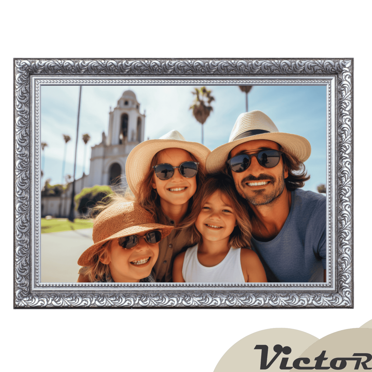 A happy family posing together outdoors wearing hats and sunglasses.