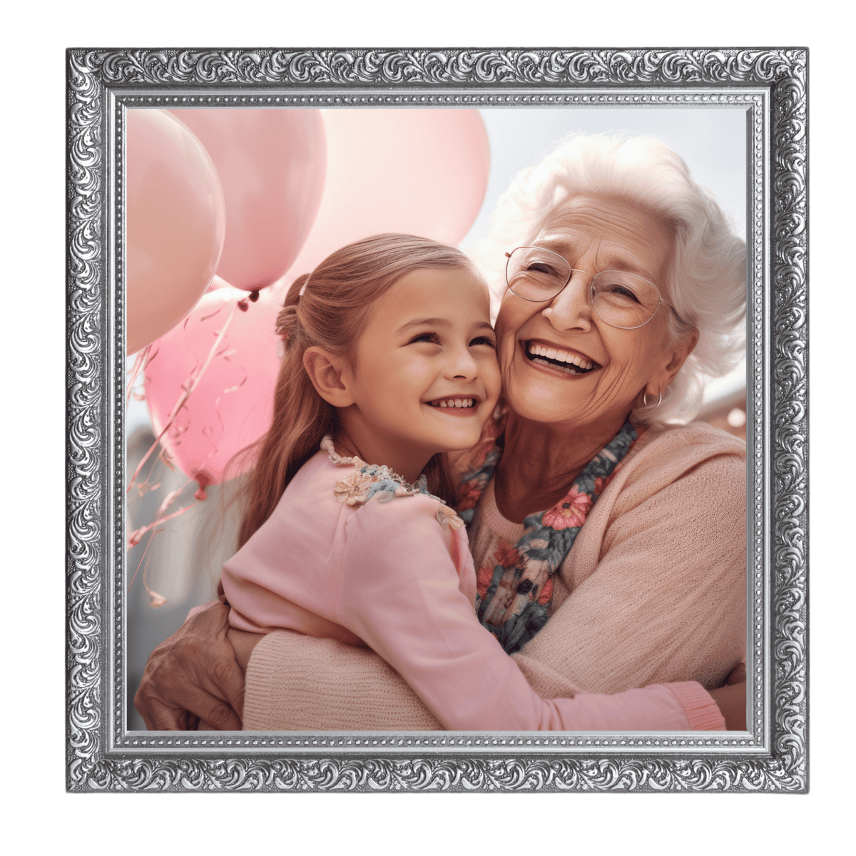 A smiling grandmother hugging her granddaughter, surrounded by pink balloons.