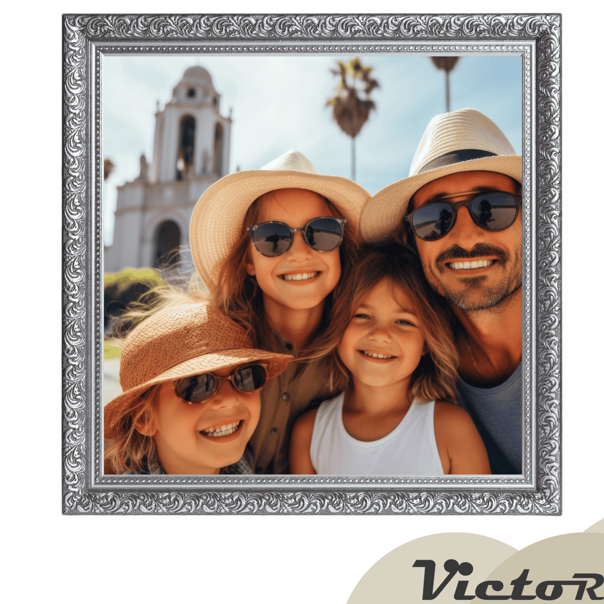 A smiling family of four, wearing hats and sunglasses, posing outdoors against a sunny backdrop.